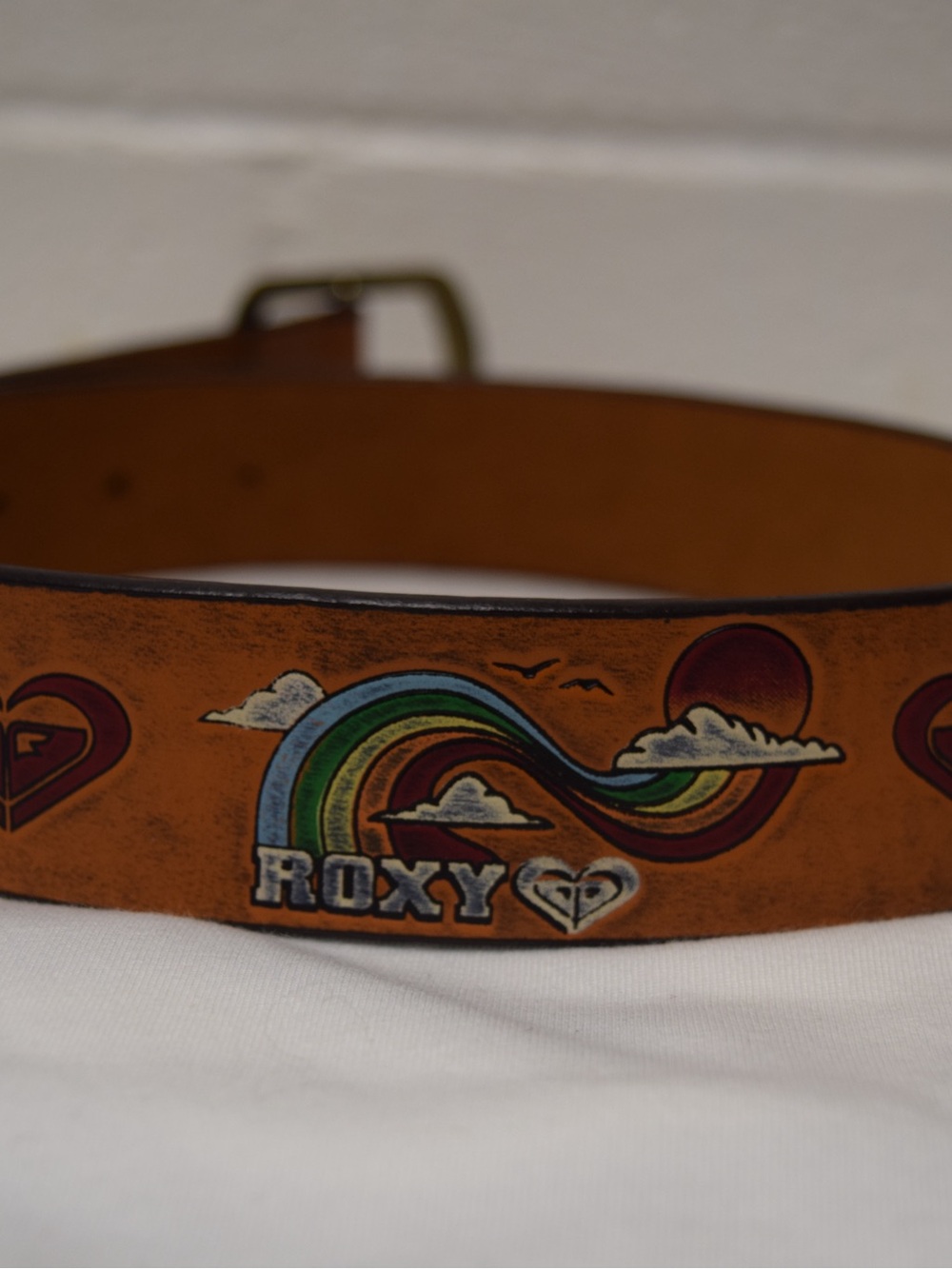 Vintage Roxy Y2K Rainbow Leather Belt 31” Brown Heart Logo